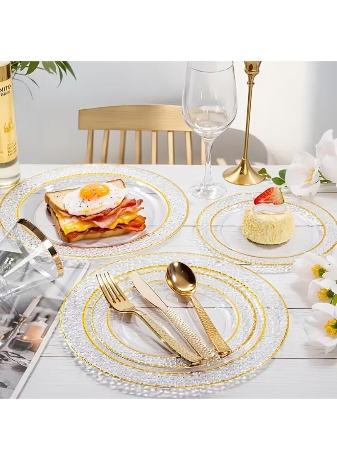 Hammered Double Golden-Edged Clear Plastic Decorative Plates, 7.5-inch Salad/Dessert Plates and 10.25-inch Party/Dinner/Appetizer Plates, Suitable for Weddings, Parties, Entertaining, Ramadan, Easter, and Everyday Use. - Image 3